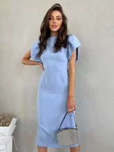 Vintage Bodycon Dress Boatneck Lap Over Sleeves Back Slit Day Midi Dresses